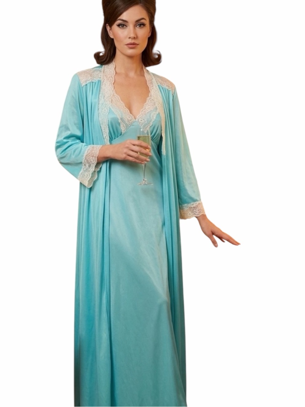 Vintage 60s to 70s Turquoise Peignoir, Lace Nightgown & Robe Set Small to Medium